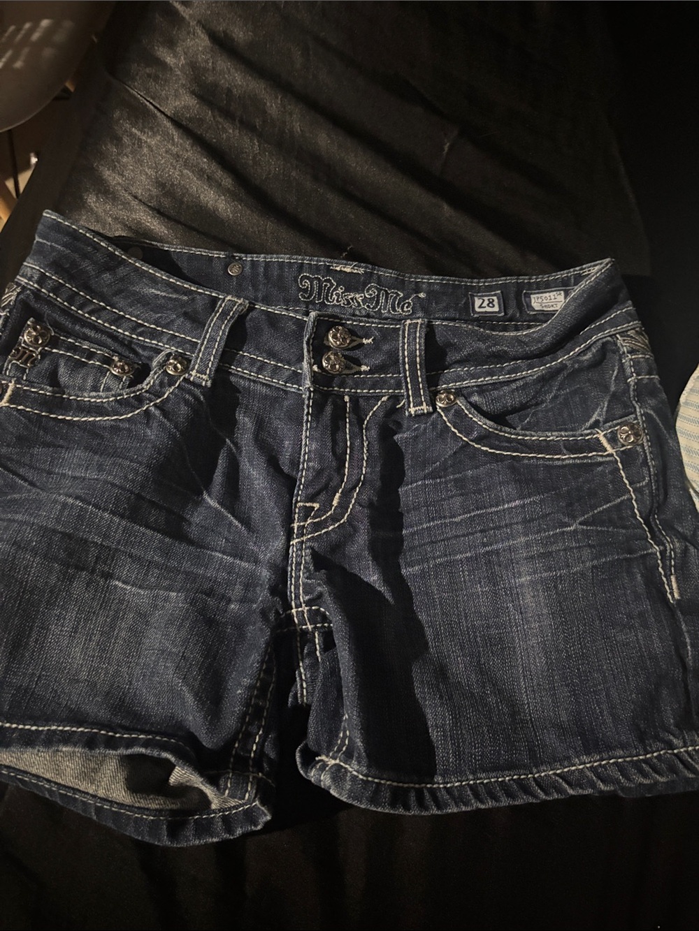 Miss Me Dark Indigo Denim Shorts with Contrast Stitching